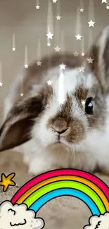 Adorable bunny with rainbow and stars, perfect for a cute phone wallpaper.