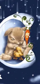 Cute bunny and chick sleeping on a crescent moon with stars.