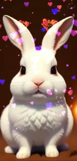 Cute white bunny surrounded by sparkling colorful hearts.