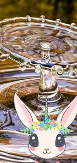 Cute bunny with unicorn horn amid water splash design wallpaper.