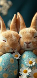 Two cute bunnies with floral-decorated eggs and daisies.