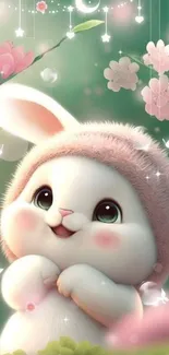 Adorable fluffy bunny with pink blossoms in a spring scene.