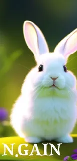 White bunny on green background with purple flowers.