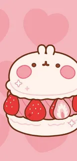 Cute bunny macaron with strawberries on pink background with hearts.