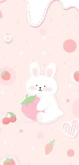 Cute bunny with strawberry on pink background.