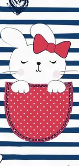 Cute bunny with red bow on navy striped wallpaper with polka dot pocket.