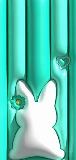 Cute white bunny on turquoise background wallpaper.