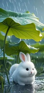 Fluffy white bunny sits under lotus leaves in the rain.