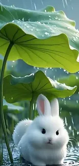 Adorable bunny sheltered under rain-soaked lily leaves.