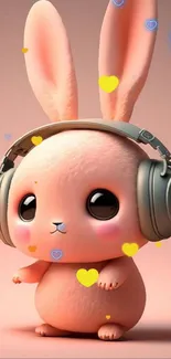 Cute pink bunny with headphones on a soft background.