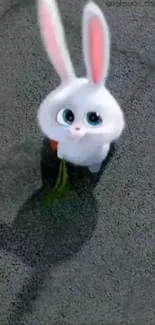 Cute white bunny with carrot on gray pavement.