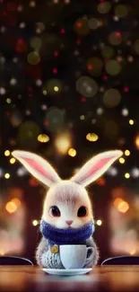 Cute bunny with scarf and cup in festive bokeh background.