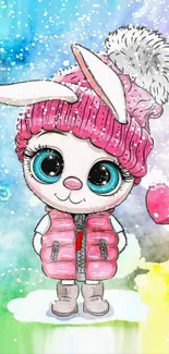 Cute bunny in a pink hat with a watercolor background.