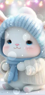 Cute bunny in winter attire with colorful festive lights.