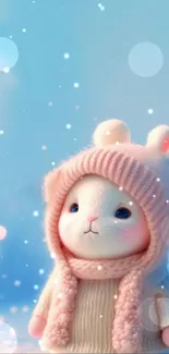 Cute bunny in a knitted hat with snowy background.