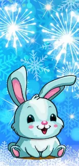 Cute blue bunny with snowflakes background.