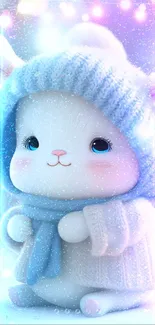 Cute bunny in a sweater and scarf with winter lights background.