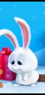 Cute white bunny with gifts on snowy background.