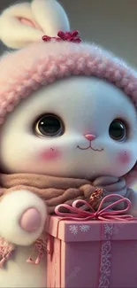 Cute bunny with pink hat and gift box in winter theme.