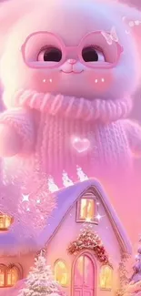 Cute pink bunny in winter wonderland with cozy home.
