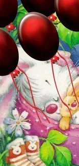 Cute sleeping bunny with red balloons and colorful flowers.