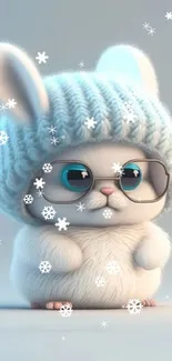 Cute fluffy bunny in a blue knitted hat with glasses, mobile wallpaper.