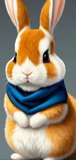 Adorable bunny wearing a blue scarf on a grey background.