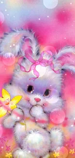 Cute fluffy bunny with pastel butterflies on a pink background.