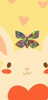 Cute bunny with a colorful butterfly on its head against a yellow background.