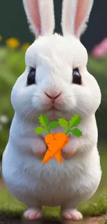 Cute white bunny holding a carrot in green background.