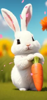 Cute white bunny holding a carrot amidst vibrant flowers.