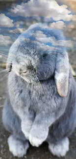 Gray bunny with cloud overlay on earth-toned background.