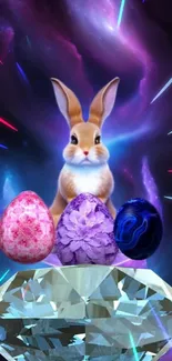 Cute bunny with colorful cosmic eggs on a gem in vibrant, mystical backdrop.