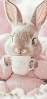 Cute bunny in a pastel sweater holding a cup.