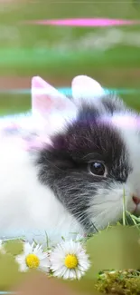 Cute black and white bunny among daisies on grass.