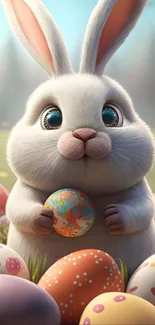 Cute white bunny holding a decorated Easter egg in a colorful setting.