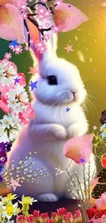 Cute bunny with colorful flowers and bright sunrise.