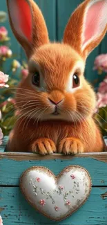 Adorable bunny in a heart box with roses around.