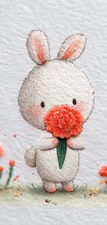 Cute bunny holding a flower with orange blooms.