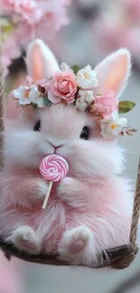 Cute bunny with a flower crown on a swing holding a lollipop.