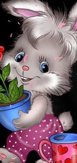 Cute cartoon bunny with a flower pot and watering can illustration.