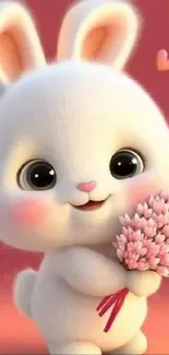 Cute white bunny holding pink flowers on a peach background with heart accents.