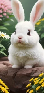 Adorable white bunny surrounded by flowers on a rock.