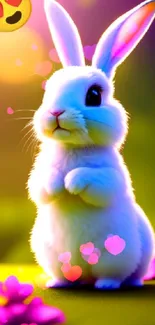 White bunny with flowers and vibrant background.