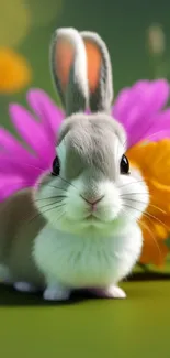 Cute gray bunny with colorful flowers on green background - mobile wallpaper.