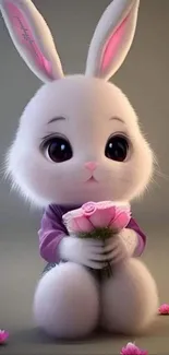 Cute bunny holding pink flowers on gray background.