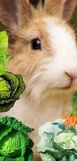 Cute bunny surrounded by various fresh greens.