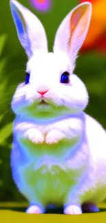 Cute white bunny in a colorful garden with flowers.