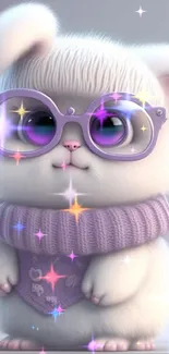 Adorable fluffy bunny wearing purple glasses and scarf.