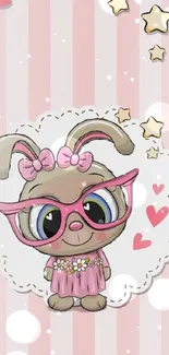 Cute bunny with pink glasses and hearts in cartoon style.